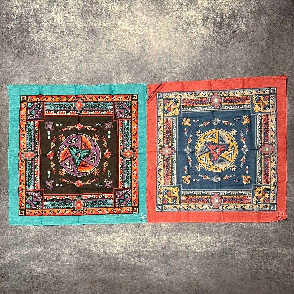 Vintage Wamcraft Southwest Bandana Set of 2 Aztec Tribal Print Cotton Poly USA